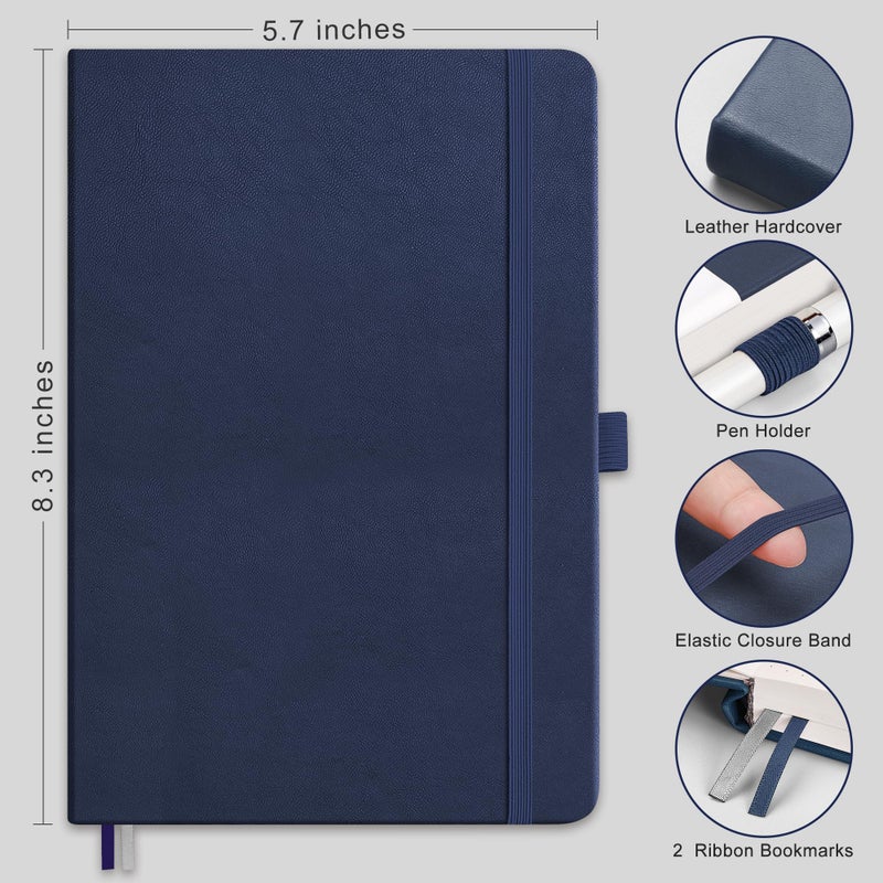 RETTACY Bullet Dotted Journal Notebook, 256 Pages, A5 Medium Size (5.7'' Ã— 8.3''), Leather Hardcover, 120 GSM Thick Paper, for Bullet Journaling, Planning, Tracking (Navy Blue) - Image 2